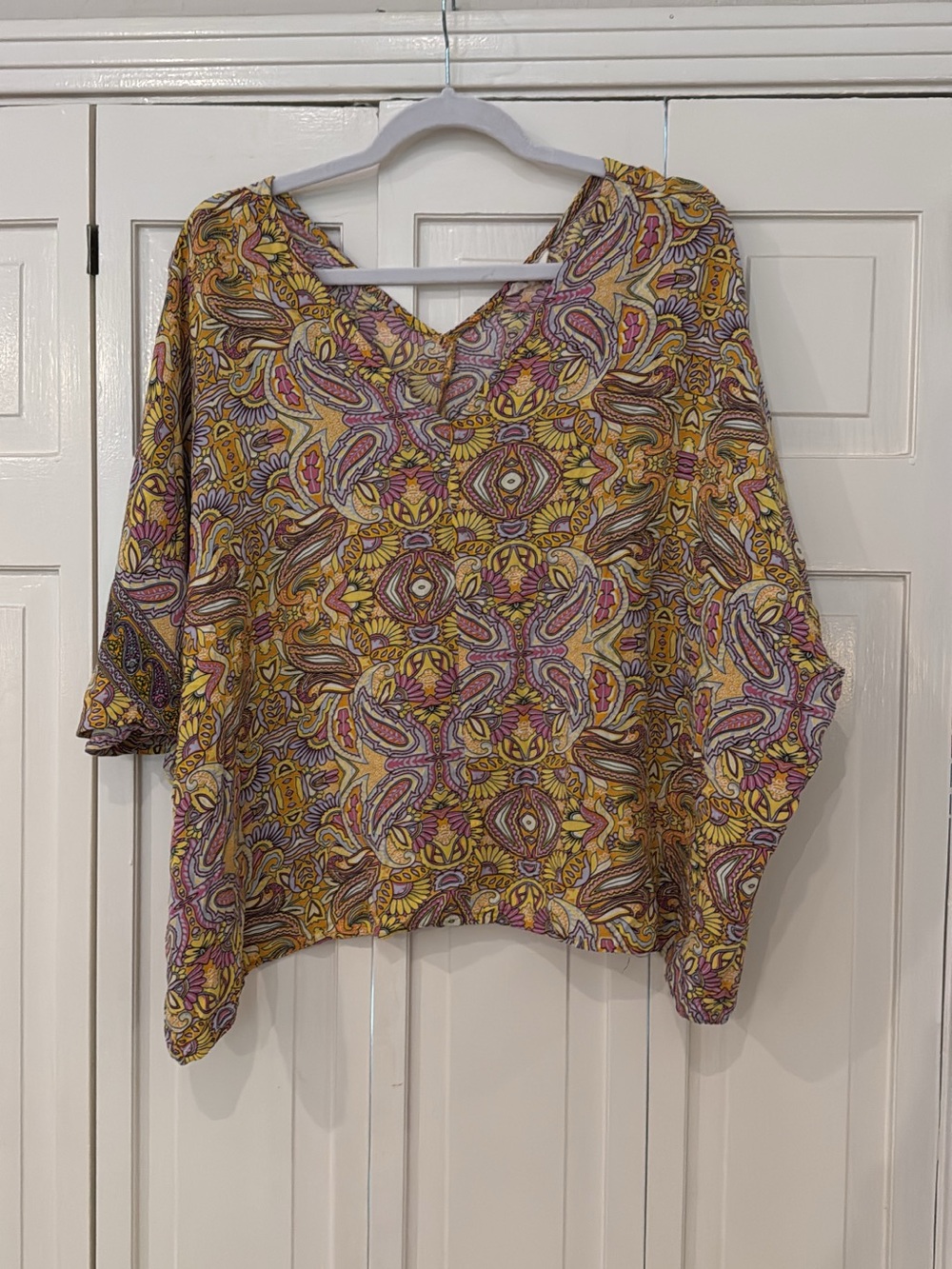 Women's Paisley V-Neck Blouse in Mustard and Pink